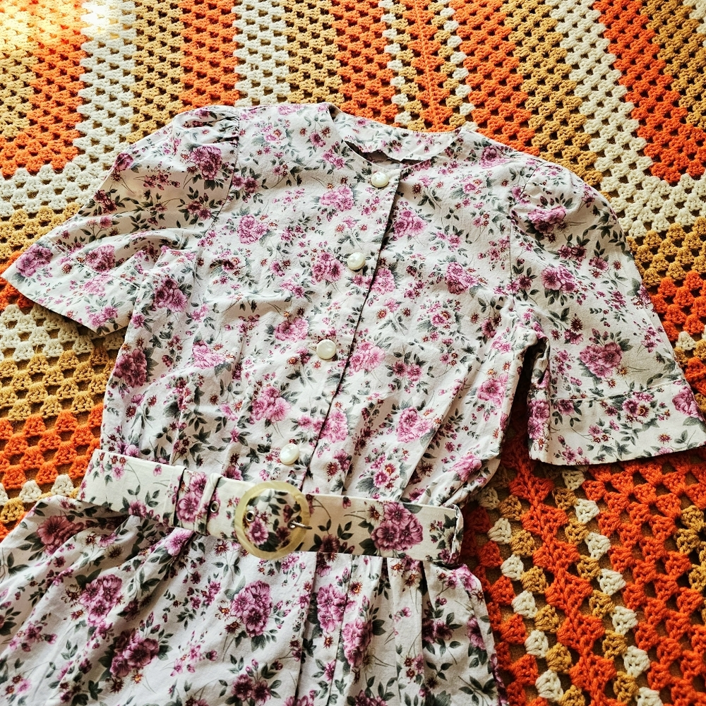 80s Floral Pink Green Cotton Midi Tea Dress With Matching Belt Handmade Vintage - Picture 4 of 10